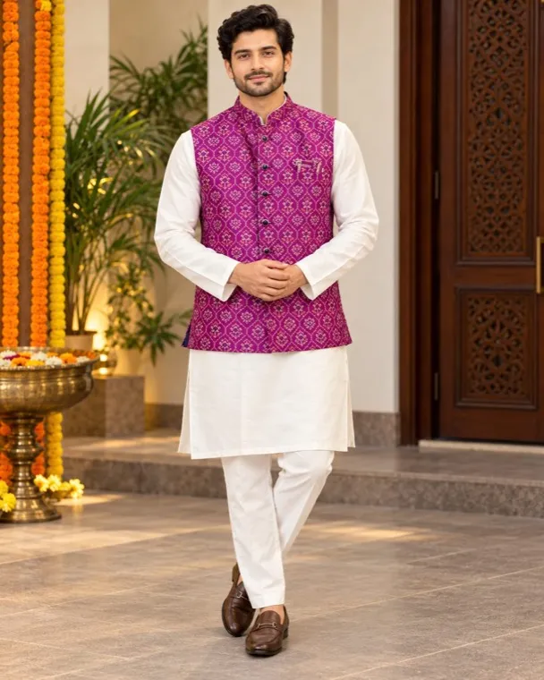 A man wearing the matching purple Patola-print koti over a white kurta and pants