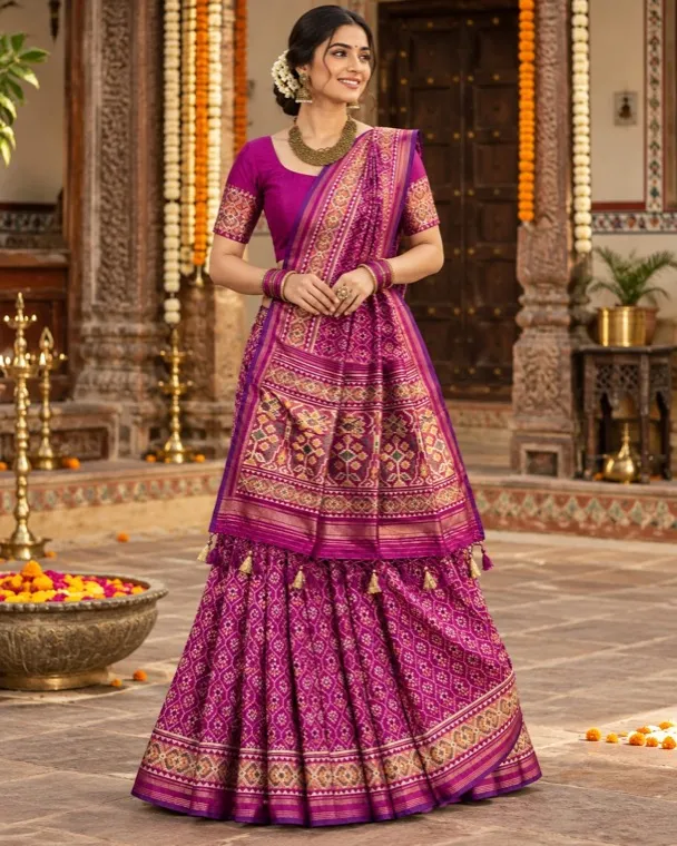 A woman wearing the purple Patola saree and blouse, with its patterned border and tasselled pallu
